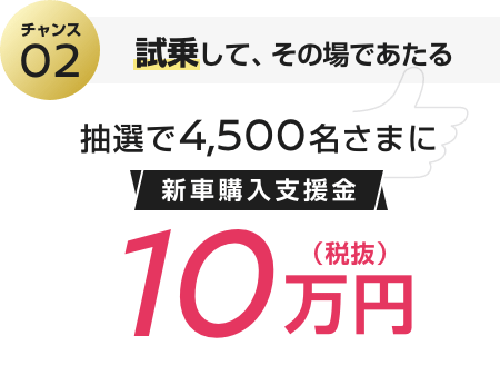 チャンス02 試乗して、その場であたる 抽選で4,500名さまに新車購入支援金10万円