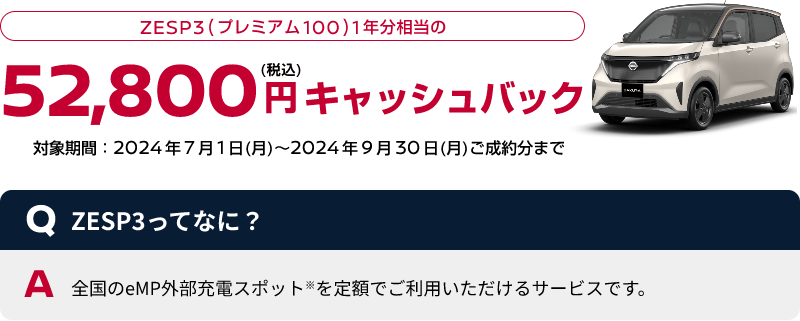 ZESP3(プレミアム100)1年分相当の52,800円(税込)キャッシュバック