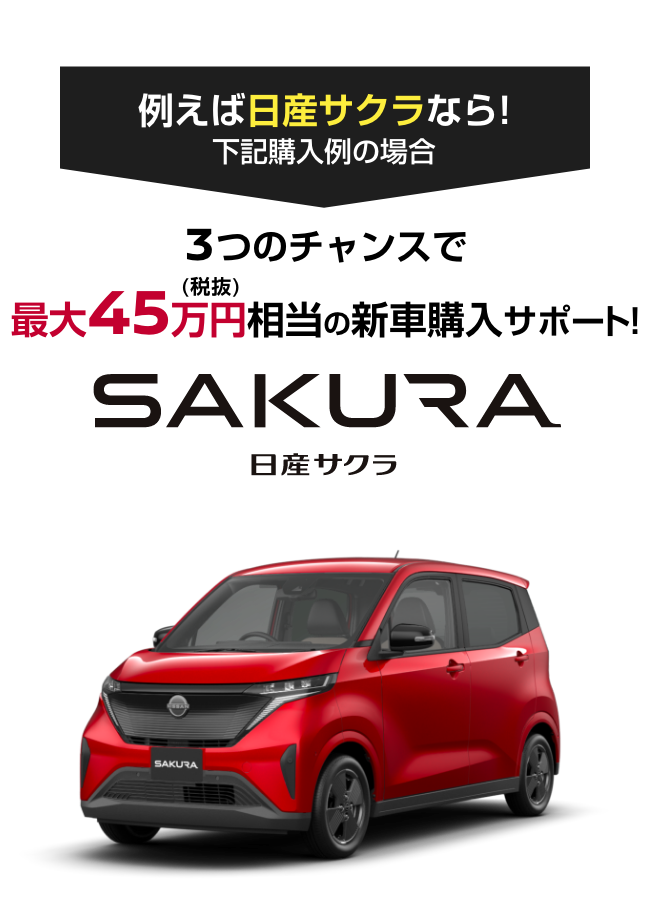 SAKURA 日産サクラ｜3つのチャンスで最大45万円（税抜）相当の新車購入サポート!