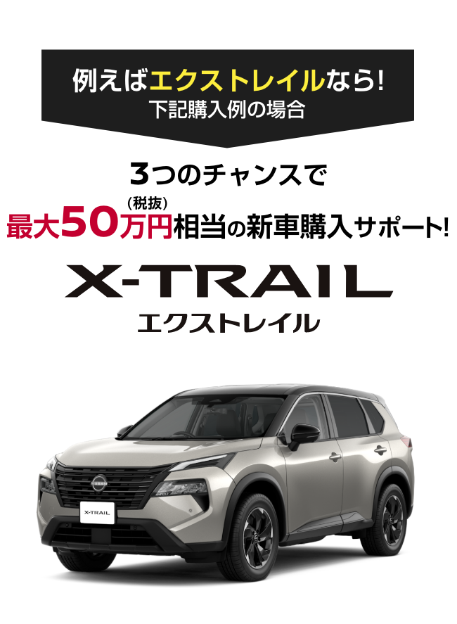 X-TRAIL エクストレイル｜3つのチャンスで最大50万円（税抜）相当の新車購入サポート!