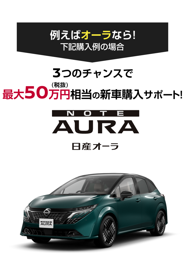AURA 日産オーラ｜3つのチャンスで最大50万円（税抜）相当の新車購入サポート!