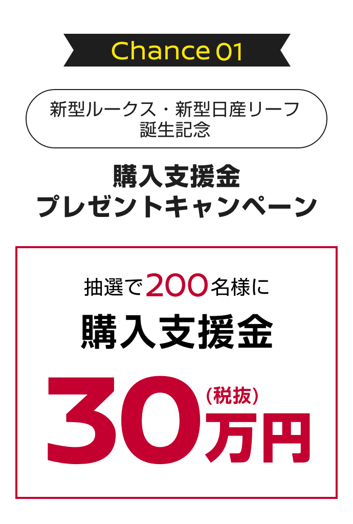 Chance 01｜新型ルークス・新型日産リーフ誕生記念｜購入支援金プレゼントキャンペーン｜抽選で200名様に購入支援金30万円（税抜）