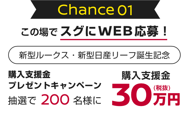 Chance 01｜この場でスグにWEB応募！｜新型ルークス・新型日産リーフ誕生記念｜購入支援金プレゼントキャンペーン抽選で200名様に購入支援金30万円（税抜）