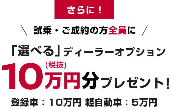 さらに！試乗・ご成約の方全員に「選べる」ディーラーオプション10万円(税抜)分プレゼント