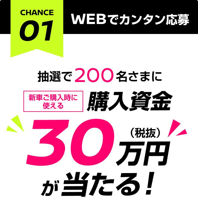 CHANCE01 WEBでカンタン応募 抽選で200名さまに新車ご購入時に使える購入資金30万円（税抜）が当たる！