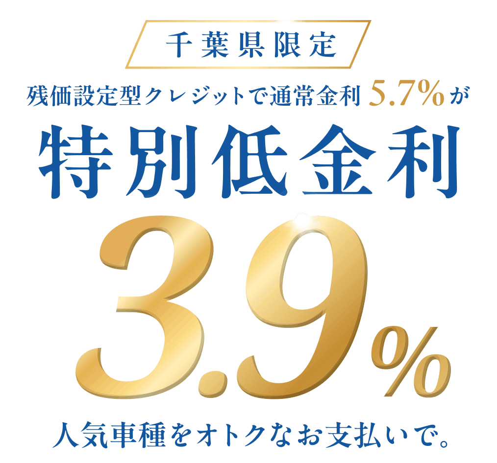 千葉県限定 残価設定型クレジットで通常金利5.7%が特別低金利3.9% 人気車種をオトクなお支払いで。