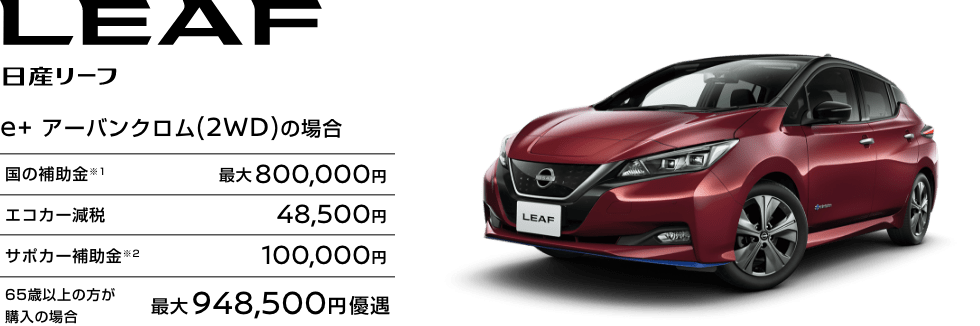 LEAF 日産 リーフ e+ アーバンクロム(2WD)の場合 最大948,500円優遇