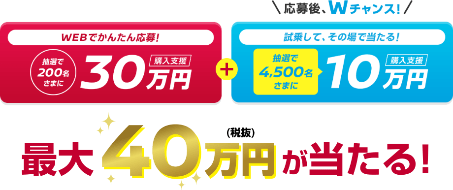 WEBでかんたん応募! 抽選で200名さまに購入支援30万円+応募後、Wチャンス! 試乗して、その場で当たる! 抽選で4,500名さまに購入支援10万円