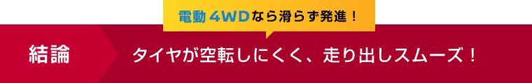 結論 電動 4WDなら滑らず発進！タイヤが空転しにくく、走り出しスムーズ！