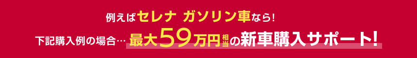 例えばセレナ ガソリン車なら!下記購入例の場合……最大59万円相当の新車購入サポート!