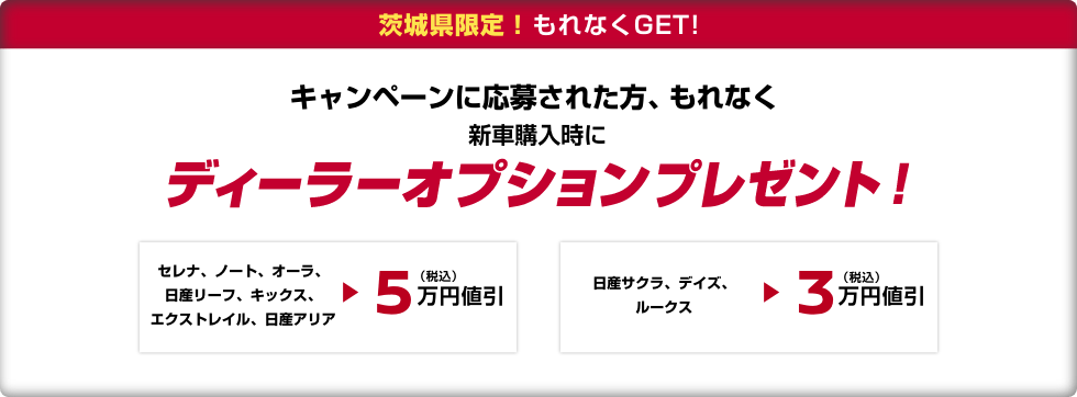 キャンペーンに応募の上、ハズれた方限定で新車購入時にディーラーオプションプレゼント！