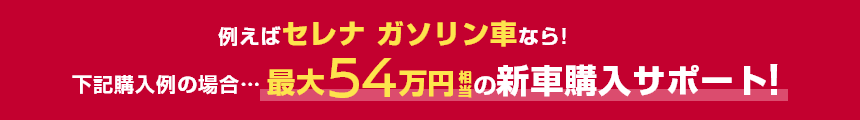 例えばセレナ ガソリン車なら!下記購入例の場合……最大54万円相当の新車購入サポート!