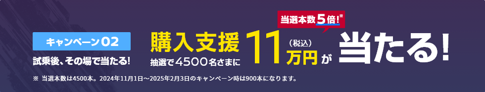 キャンペーン02 試乗後、その場で当たる! 抽選で4500名さまに購入支援11万円(税込)が当たる!