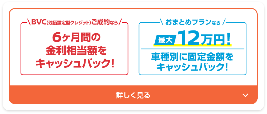 BVC（残価設定型クレジット）ご成約なら6ヶ月間の金利相当額をキャッシュバック！おまとめプランなら最大12万円！車種別に固定金額をキャッシュバック！
