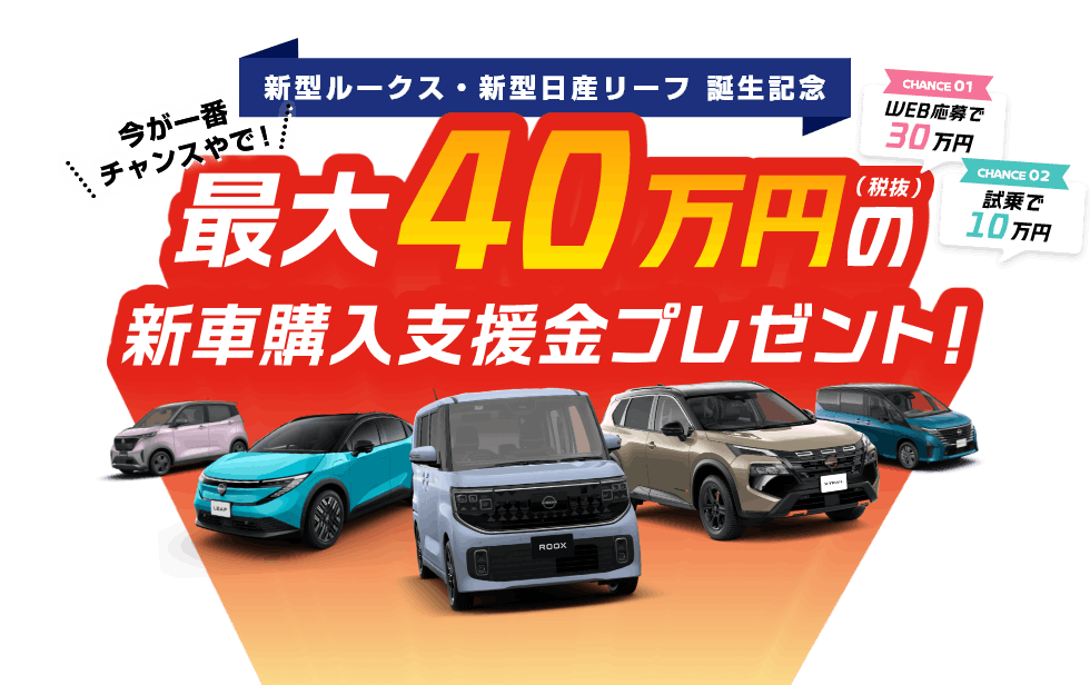 新型ルークス・新型日産リーフ誕生記念 最大40万円(税抜)の新車購入支援金プレゼント！