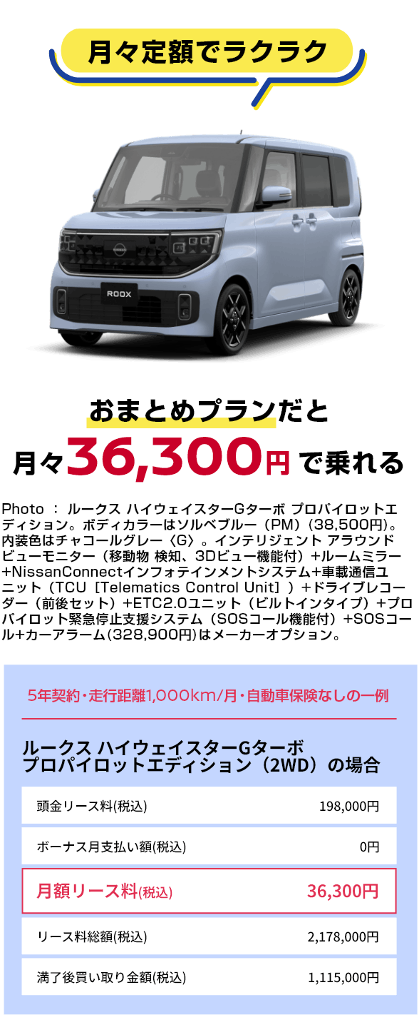 月々定額でラクラク おまとめプランだと月々36,300円で乗れる
