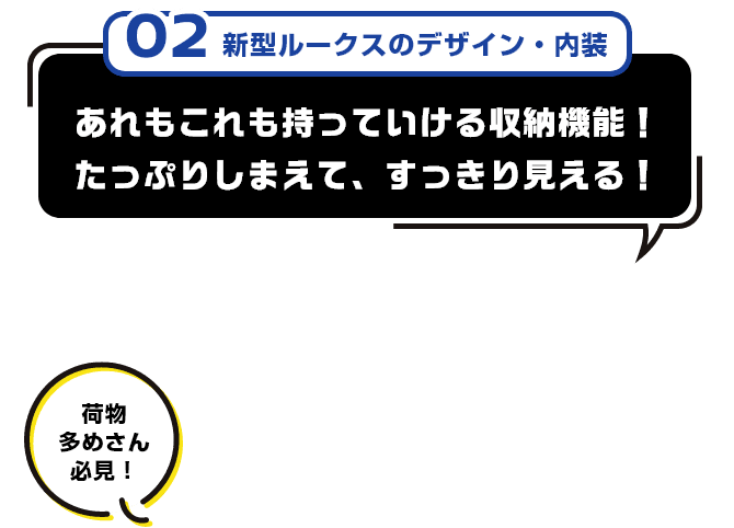 02 新型ルークスのデザイン・内装 あれもこれも持っていける収納機能！たっぷりしまえて、すっきり見える！