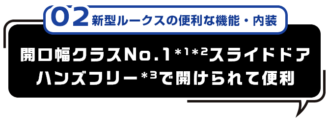 02 新型ルークスの便利な機能・内装 開口幅クラスNo.1＊1＊2スライドドアハンズフリー＊3で開けられて便利