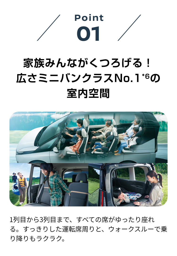 point01 家族みんながくつろげる！広さミニバンクラスNo.1*6の室内空間