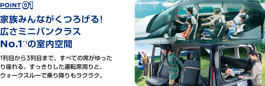 POINT01 家族みんながくつろげる！広さミニバンクラスNo.1*1の室内空間