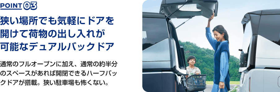POINT03 狭い場所でも気軽にドアを開けて荷物の出し入れが可能なデュアルバックドア