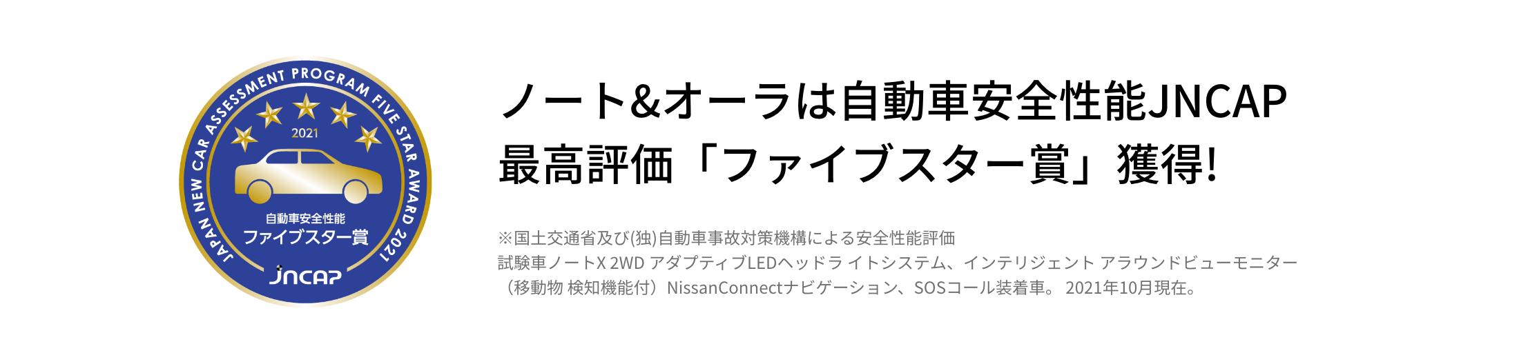 ノート&オーラは自動車安全性能JNCAP 最高評価「ファイブスター賞」獲得!