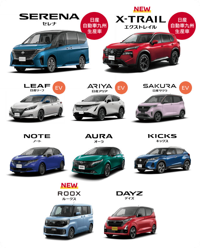 セレナ(日産自動車九州生産車)、NEWエクストレイル(日産自動車九州生産車)、日産リーフ(EV)、日産アリア(EV)、日産サクラ(EV)、ノート、オーラ、キックス、NEWルークス、デイズ