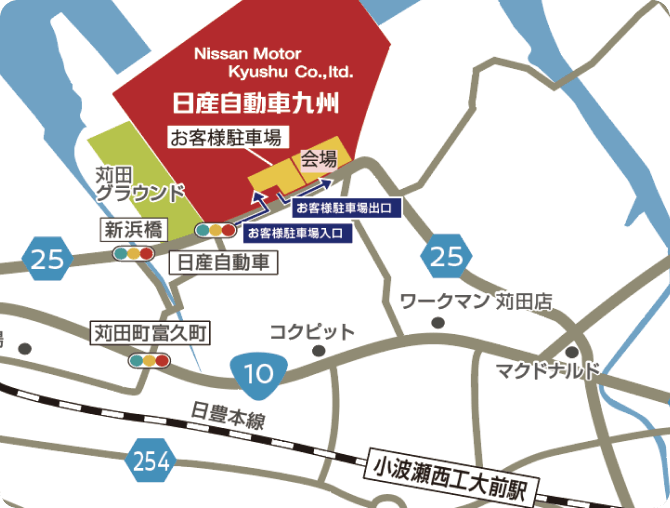 会場周辺の地図。お客様駐車場をご用意しております。駐車場案内看板を目印にお進みください。