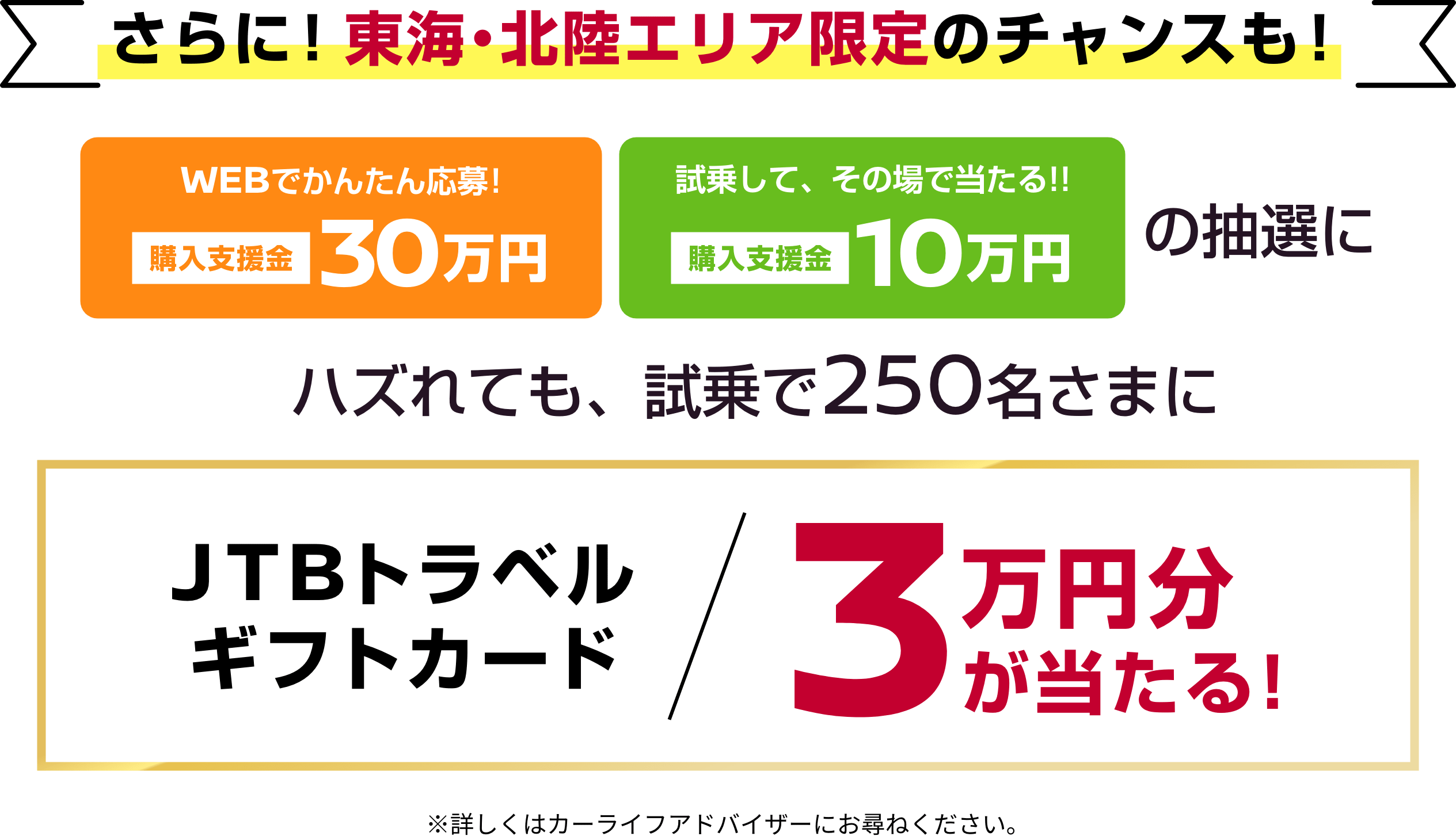 さらに！東海・北陸エリア限定のチャンスも！ WEBでかんたん応募!購入支援金30万円／試乗して、その場で当たる!!購入支援金10万円 の抽選にハズれても、試乗で250名さまにJTBトラベルギフトカード3万円分が当たる!