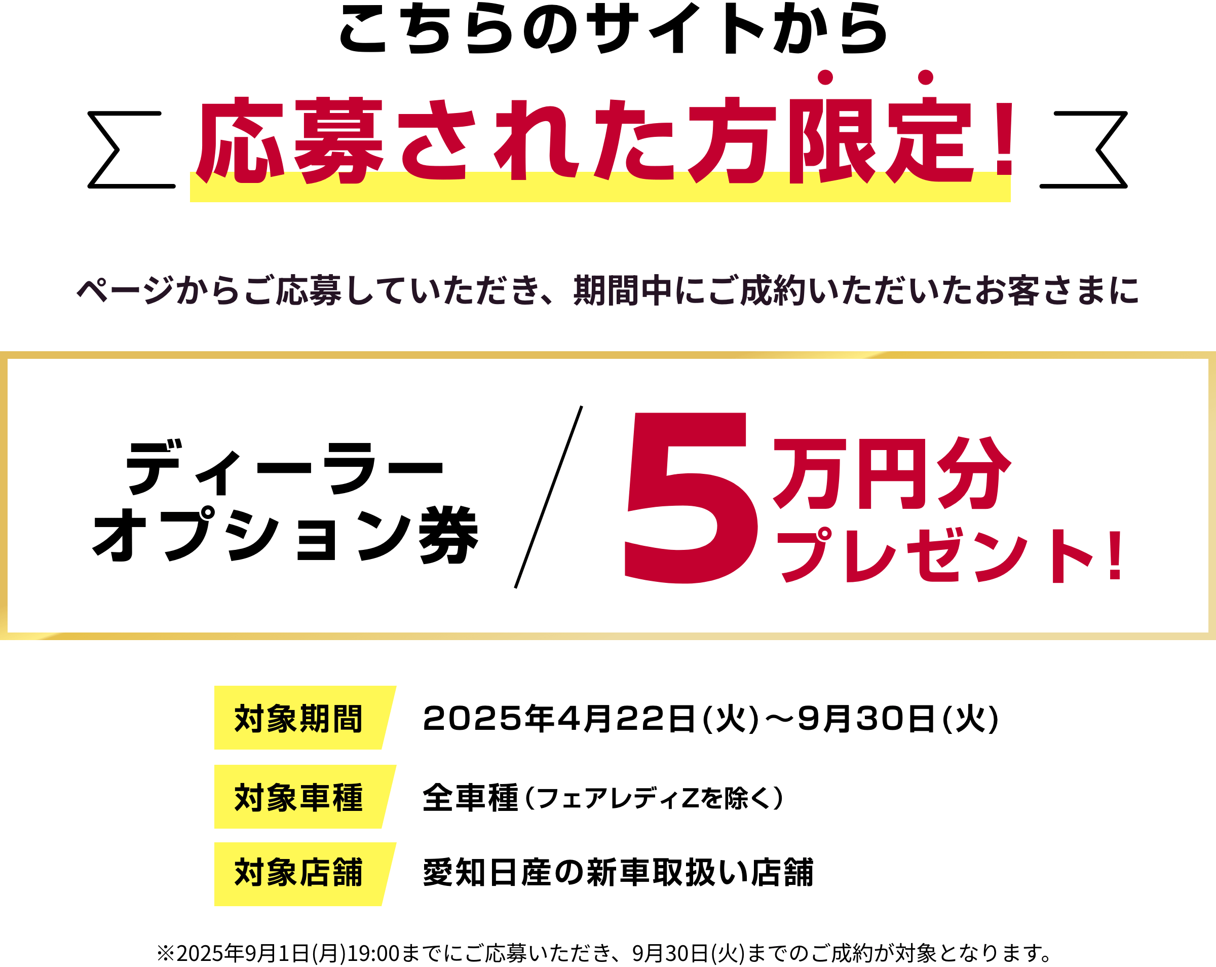 こちらのサイトから応募された方限定！ページからご応募していただき、期間中にご成約いただいたお客さまにディーラーオプション券5万円分プレゼント！
