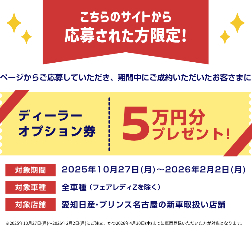 こちらのサイトから応募された方限定！ページからご応募していただき、期間中にご成約いただいたお客さまにディーラーオプション券5万円分プレゼント！