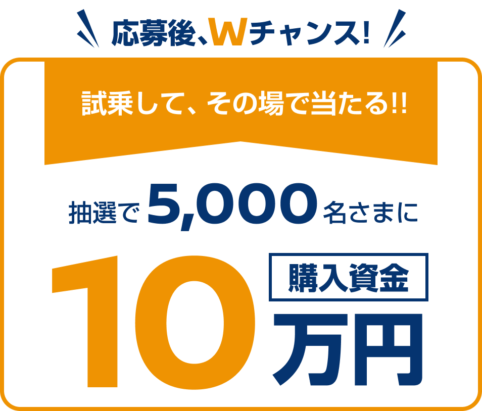 応募後、Wチャンス! 試乗して、その場で当たる!! 抽選で5,000名さまに 購入資金10万円