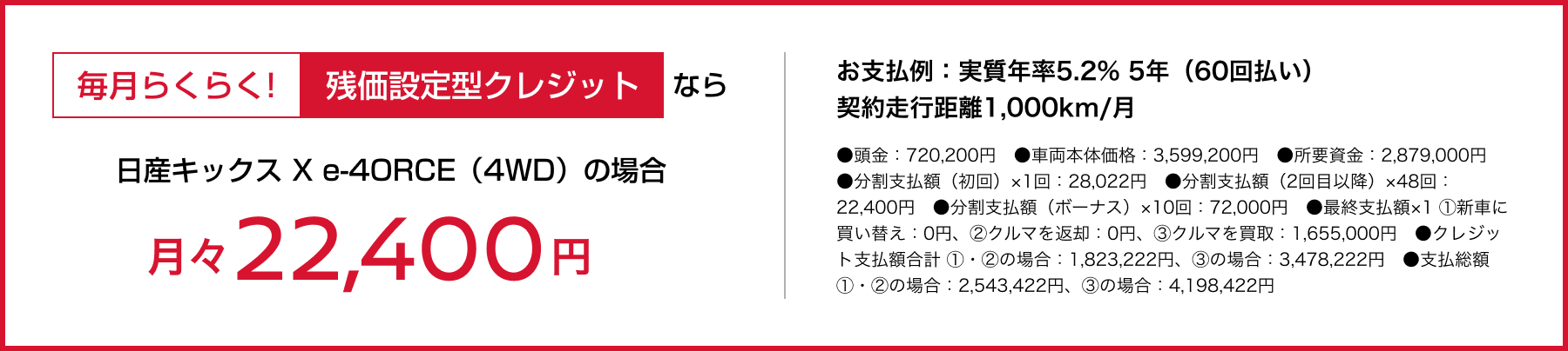 毎月らくらく!残価設定型クレジットなら 日産キックス X e-4ORCE（4WD）の場合 月々22,400円