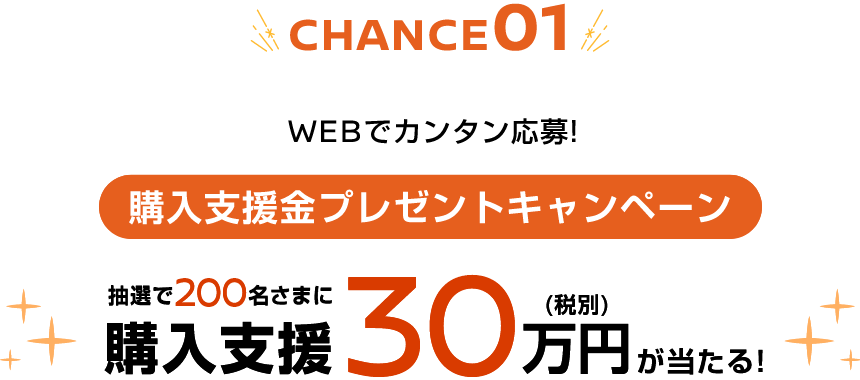 CHANCE01 WEBでカンタン応募！購入支援金プレゼントキャンペーン 抽選で200名さまに購入支援30万円(税別)が当たる！