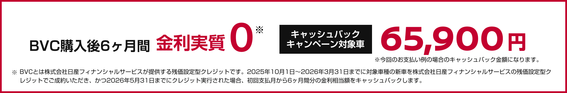 BVC購入後6ヶ月間金利実質0 キャッシュバックキャンペーン対象車65,900円