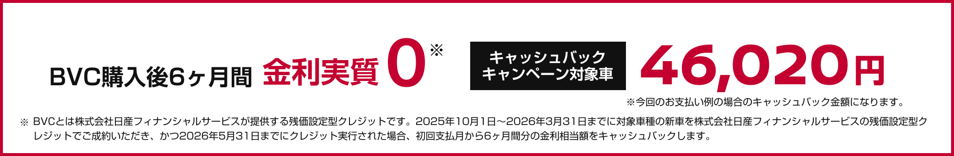 BVC購入後6ヶ月間金利実質0 キャッシュバックキャンペーン対象車46,020円