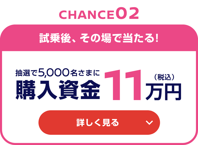 CHANCE02 試乗後、その場で当たる! 抽選で5,000名さまに購入資金11万円（税込） 詳しく見る