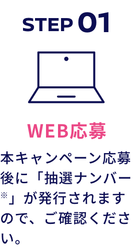 STEP01 WEB応募 本キャンペーン応募後に「抽選ナンバー※」が発行されますので、ご確認ください。