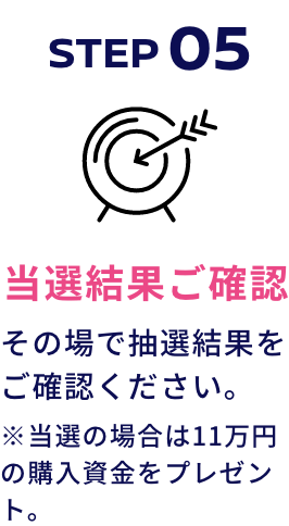 STEP05 当選結果ご確認 その場で抽選結果をご確認ください。※当選の場合は11万円の購入資金をプレゼント。