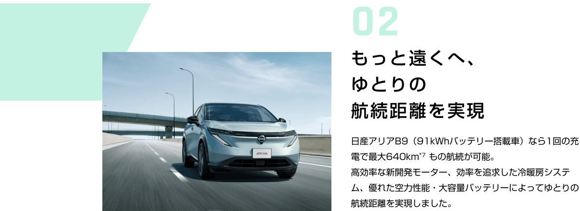 02 もっと遠くへ、ゆとりの航続距離を実現 日産アリアB9（91kWhバッテリー搭載車）なら1回の充電で最大640km*7 もの航続が可能。高効率な新開発モーター、効率を追求した冷暖房システム、優れた空力性能・大容量バッテリーによってゆとりの航続距離を実現しました。