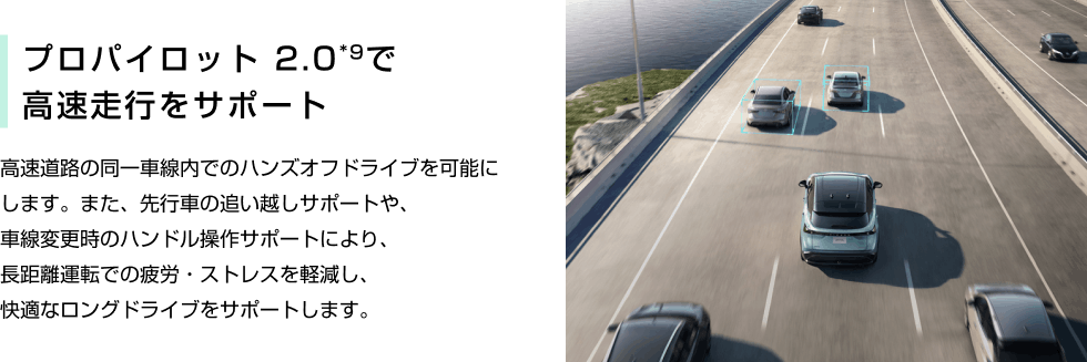 プロパイロット 2.0*9で高速走行をサポート 高速道路の同一車線内でのハンズオフドライブを可能にします。また、先行車の追い越しサポートや、車線変更時のハンドル操作サポートにより、長距離運転での疲労・ストレスを軽減し、快適なロングドライブをサポートします。