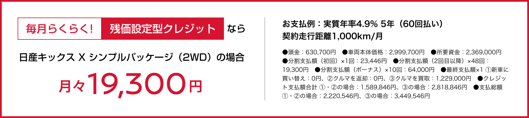 毎月らくらく!残価設定型クレジットなら月々19,300円