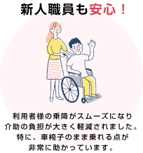 新人職員も安心！ 利用者様の乗降がスムーズになり介助の負担が大きく軽減されました。特に、車椅子のまま乗れる点が非常に助かっています。