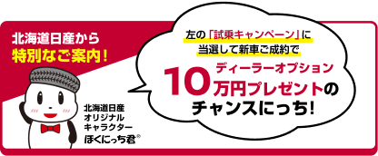 左の「試乗キャンペーン」に当選して新車ご成約でディーラーオプション10万円プレゼントのチャンスにっち!