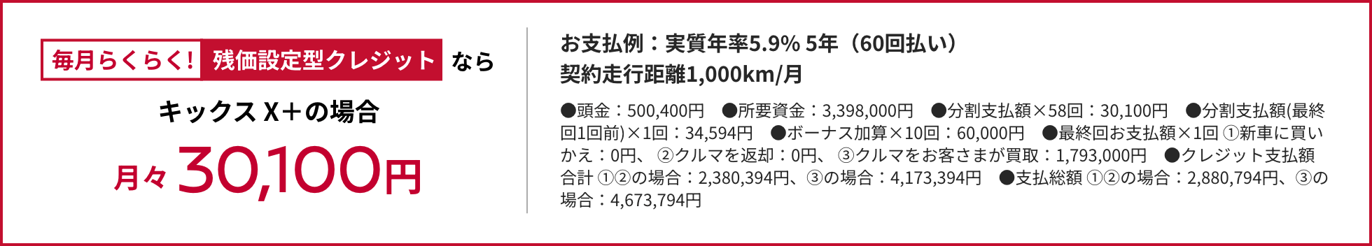 毎月らくらく! 残価設定型クレジットなら キックスの場合月々30,100円