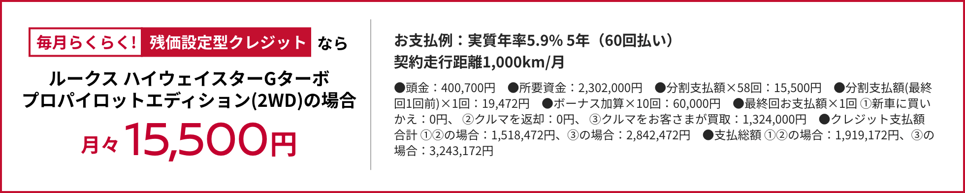 毎月らくらく! 残価設定型クレジットなら ルークスの場合月々15,500円