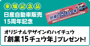 来場記念品 日産自動車販売15周年記念 オリジナルデザインのハイチュウ「創業15チュウ年」プレゼント!