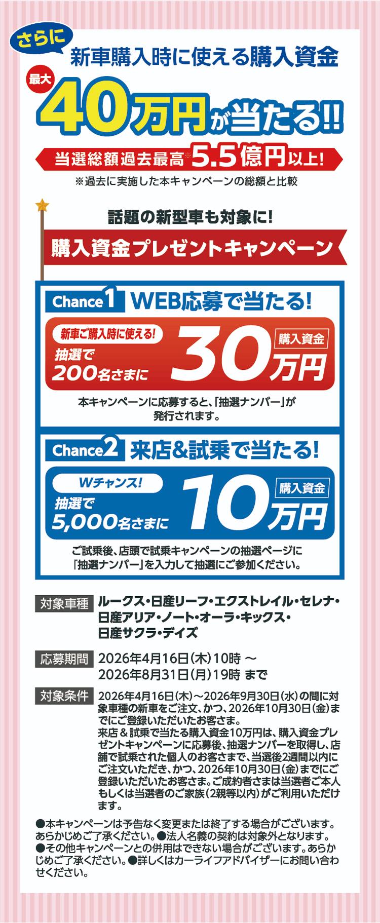 新車購入時に使える購入資金最大40万円が当たる!! 当選総額過去最高5.5億円以上! 話題の新型車も対象に 購入資金プレゼントキャンペーン