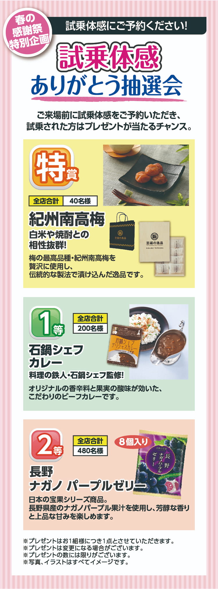 春の感謝祭特別企画 試乗体感ありがとう抽選会 ご来場前に試乗体感をご予約いただき、試乗された方はプレゼントが当たるチャンス。特賞:紀州南高梅 / 1等:石鍋シェフカレー / 2等:長野ナガノパープルゼリー