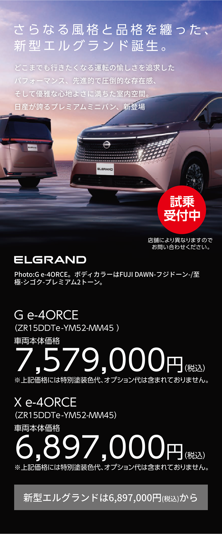 さらなる風格と品格を纏った、新型エルグランド誕生。どこまでも行きたくなる運転の愉しさを追求したパフォーマンス、先進的で圧倒的な存在感、そして優雅な心地よさに満ちた室内空間。日産が誇るプレミアムミニバン、新登場。試乗受付中。店舗により異なりますのでお問い合わせください。ELGRAND。Photo：G e-4ORCE。ボディカラーはFUJI DAWN-フジドーン-/至極-シゴク-プレミアム2トーン。G e-4ORCE（ZR15DDTe-YM52-MM45）車両本体価格7,579,000円（税込）。X e-4ORCE（ZR15DDTe-YM52-MM45）車両本体価格6,897,000円（税込）。※上記価格には特別塗装色代、オプション代は含まれておりません。新型エルグランドは6,897,000円（税込）から。